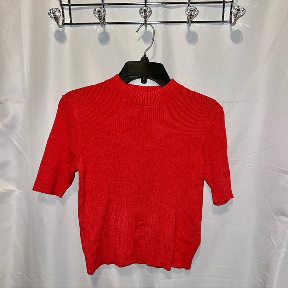 “Watermelon” Red Mock Neck Crop Ribbed Knit Top - Picture 1 of 5